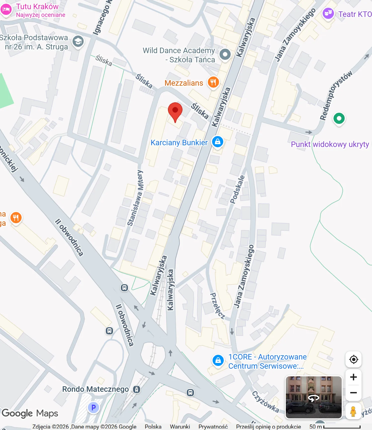 Mapa dojazdu do gabinetu psychoterapii dr Marty Szpak – ul. Śliska 16/2, Kraków (blisko Ronda Matecznego)